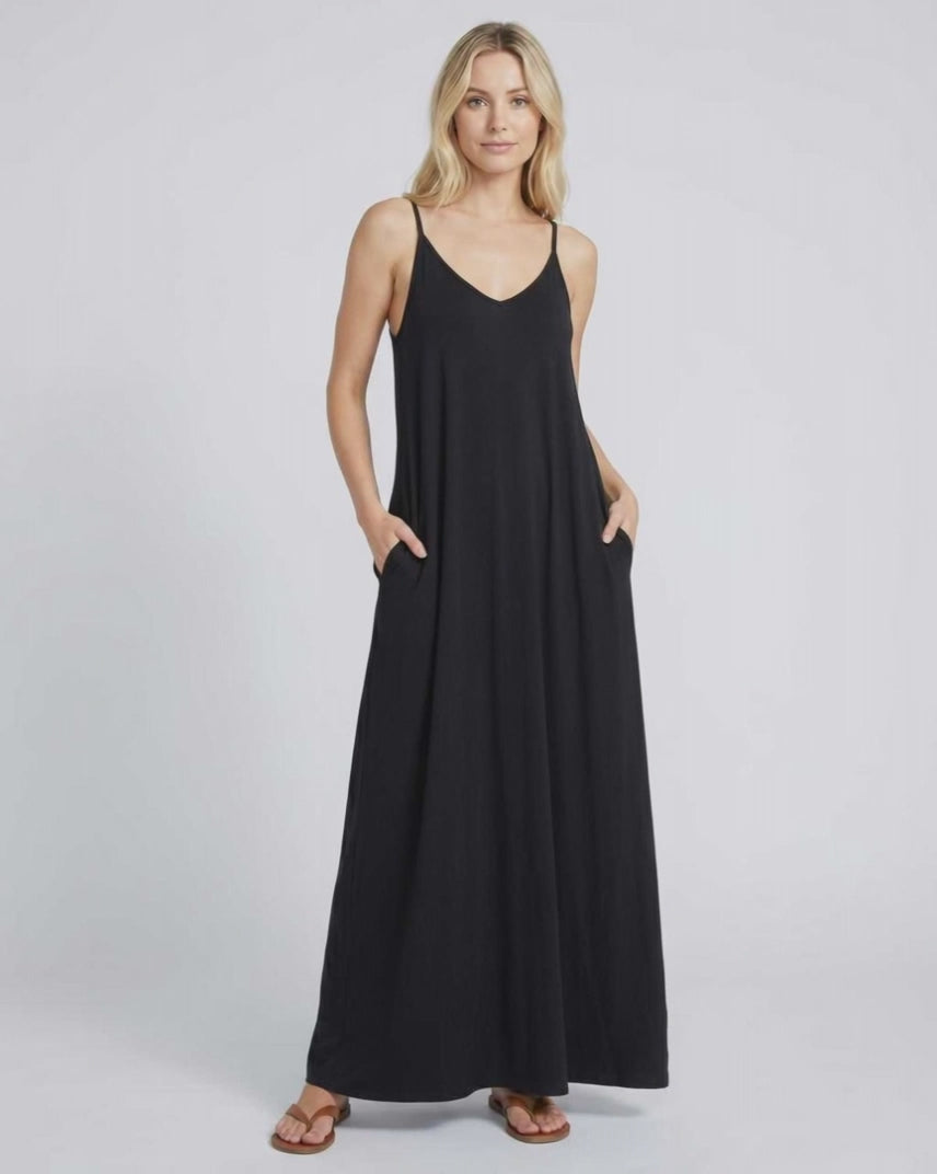 Solenne Maxi Dress by Lauven — soft stretch sleeveless V-neck relaxed A-line maxi dress