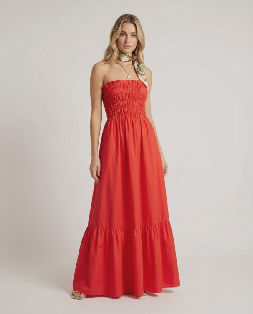 Sorella Maxi Dress: Red strapless maxi dress with smocked bodice by Lauven, perfect for summer.