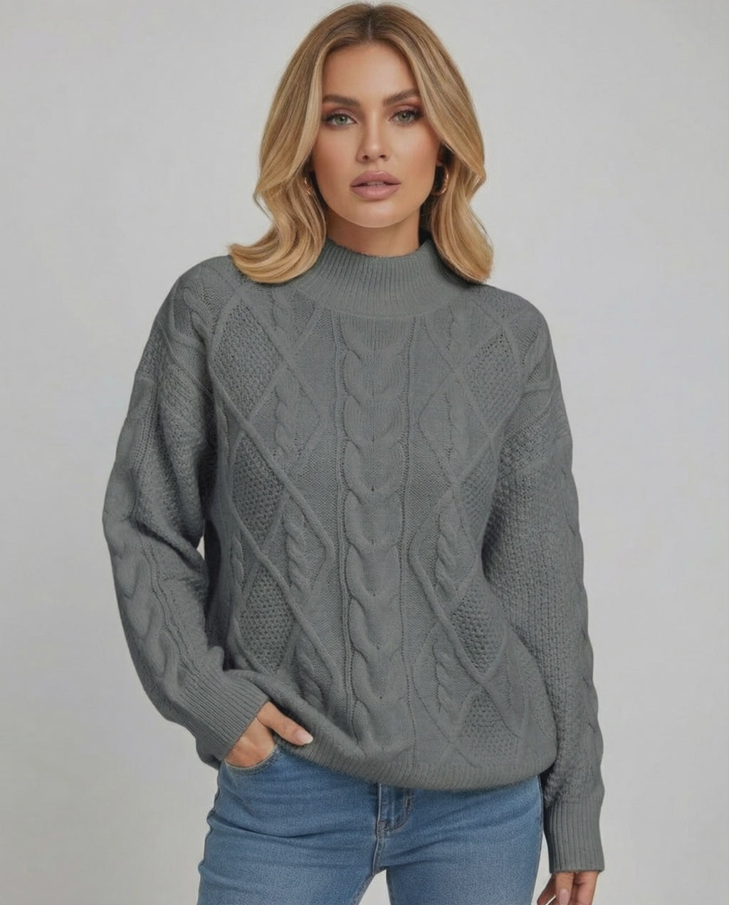 Monaco Sweater by Lauven – Women's oversized cable knit sweater in gray for fall and winter style.