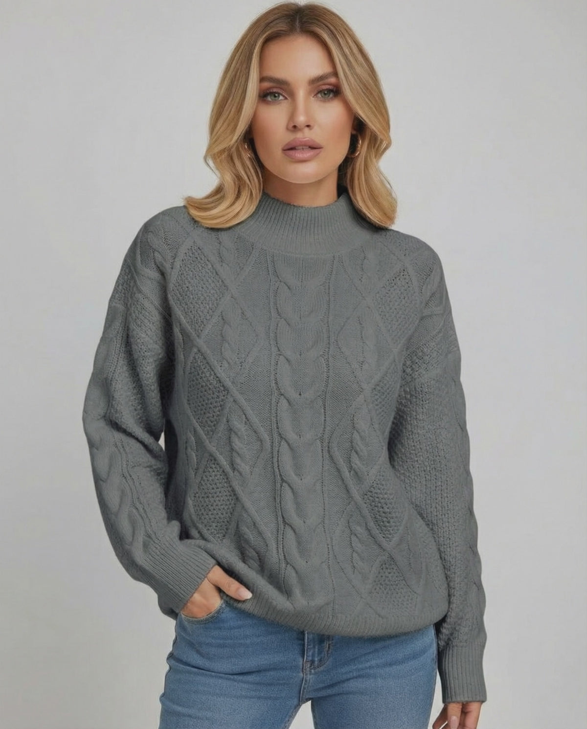Monaco Sweater by Lauven – Women's oversized cable knit sweater in gray for fall and winter style.