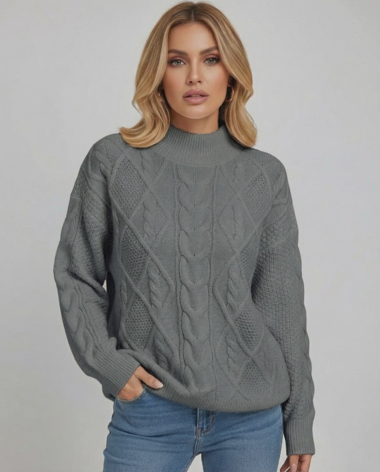 Monaco Sweater by Lauven – Women's oversized cable knit sweater in gray for fall and winter style.