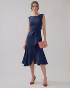 Serelune Midi Dress by Lauven — sleeveless satin midi dress with ruffle detail and fit flare silhouette