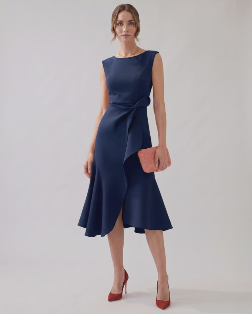 Serelune Midi Dress by Lauven — sleeveless satin midi dress with ruffle detail and fit flare silhouette