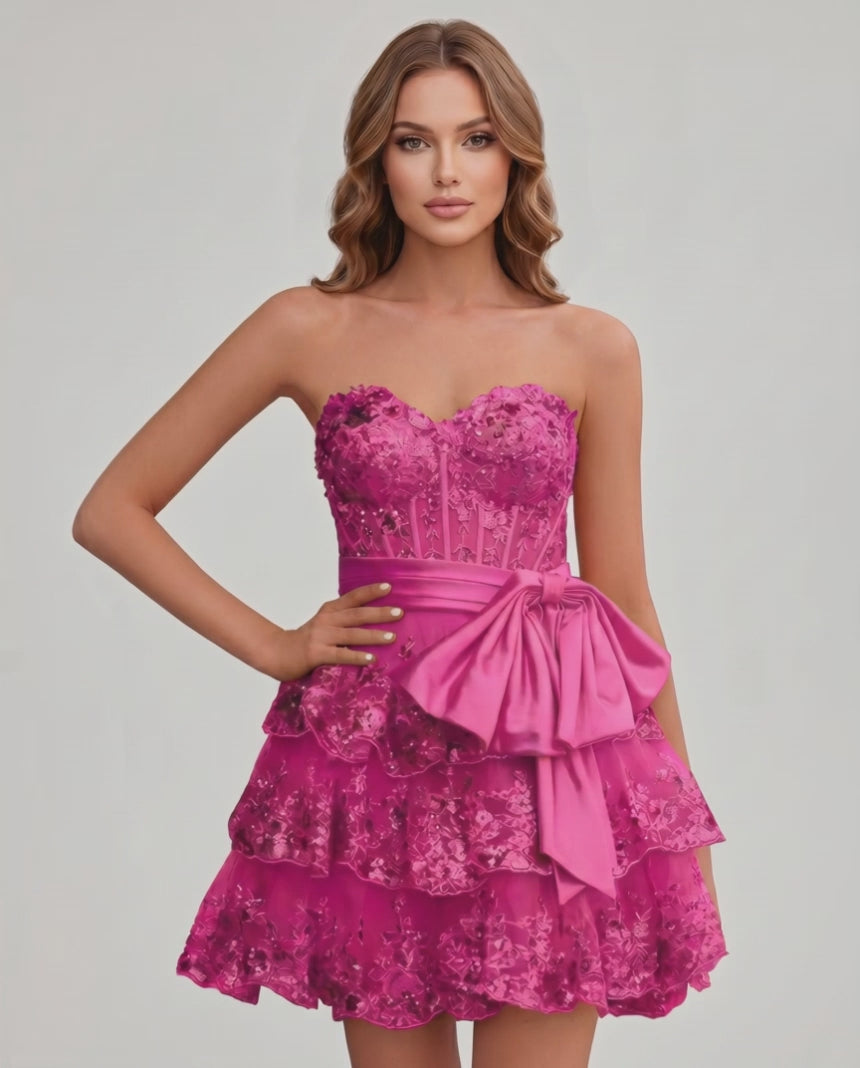 Veloura Mini Dress by Lauven — lace appliqué strapless sweetheart tiered mini dress