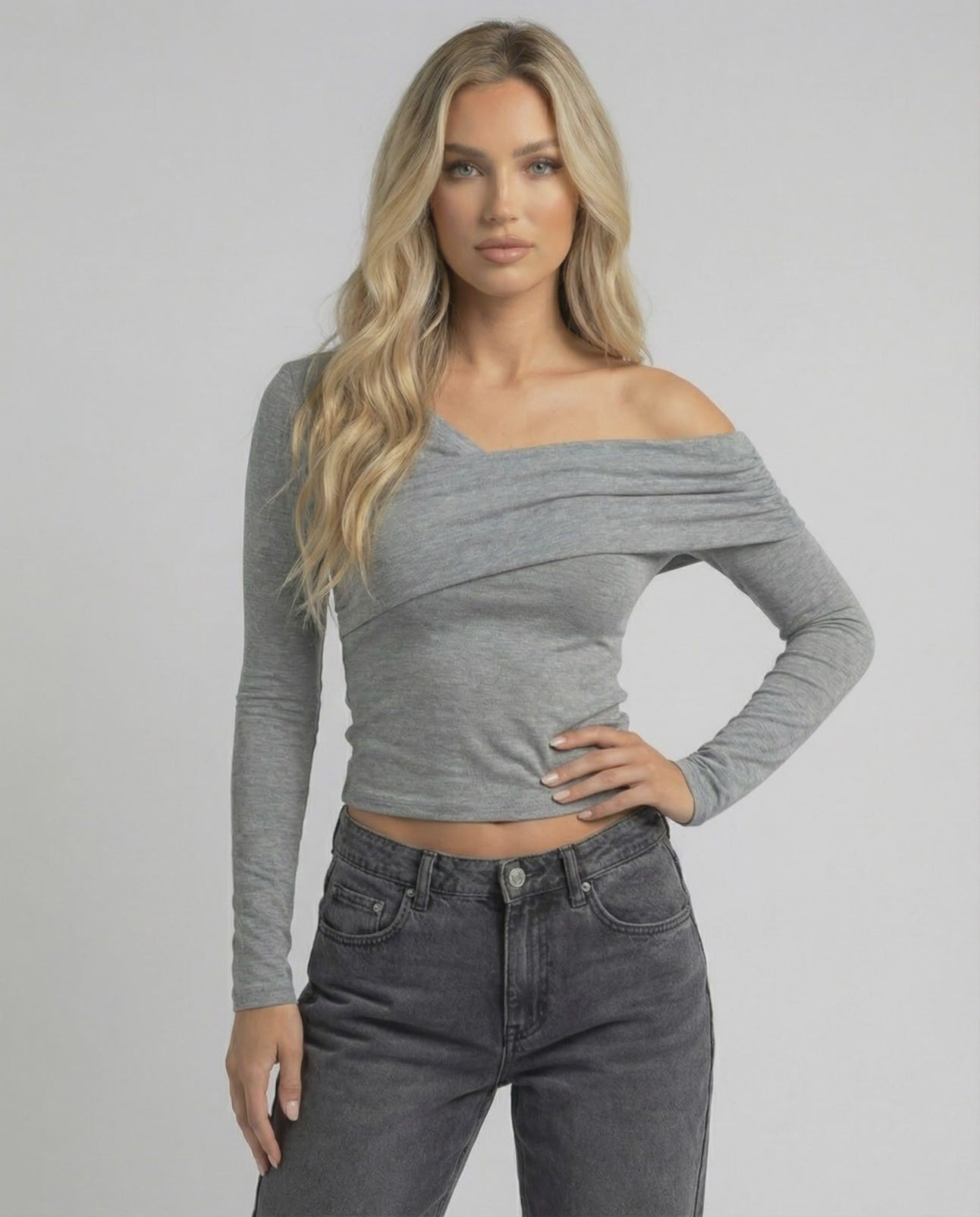 Elara Long Sleeve top by Lauven, featuring a gray off-the-shoulder design and slim fit for a modern look.