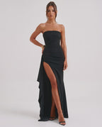 Solenne Maxi Dress - Strapless bandeau, asymmetrical design with side slit, crafted by Lauven.