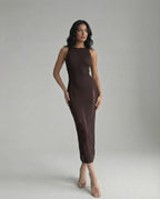 Vesper Midi Dress featuring a dark brown bodycon fit and sleek sleeveless design from Lauven, exuding modern minimalism.