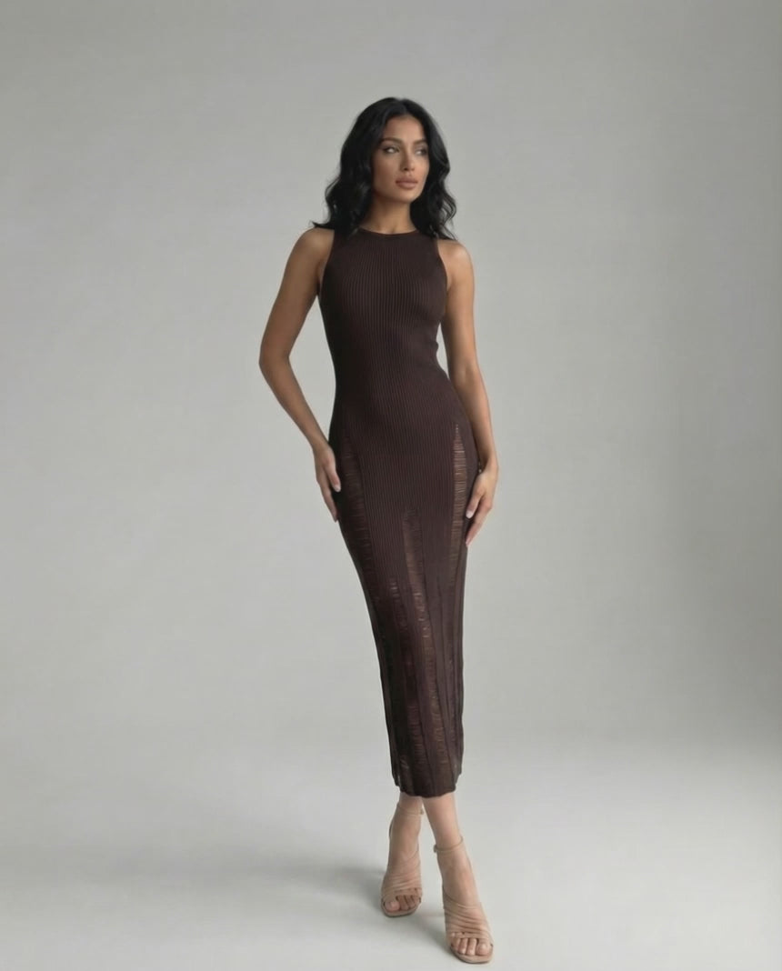 Vesper Midi Dress featuring a dark brown bodycon fit and sleek sleeveless design from Lauven, exuding modern minimalism.