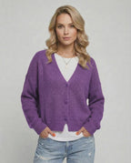 Iris Cardigan by Lauven - Vibrant purple cozy knitwear with a relaxed fit and classic V-neck design.