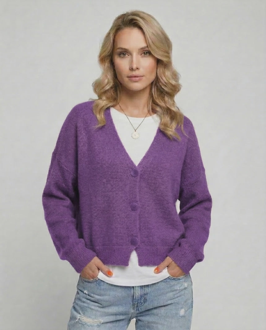 Iris Cardigan by Lauven - Vibrant purple cozy knitwear with a relaxed fit and classic V-neck design.