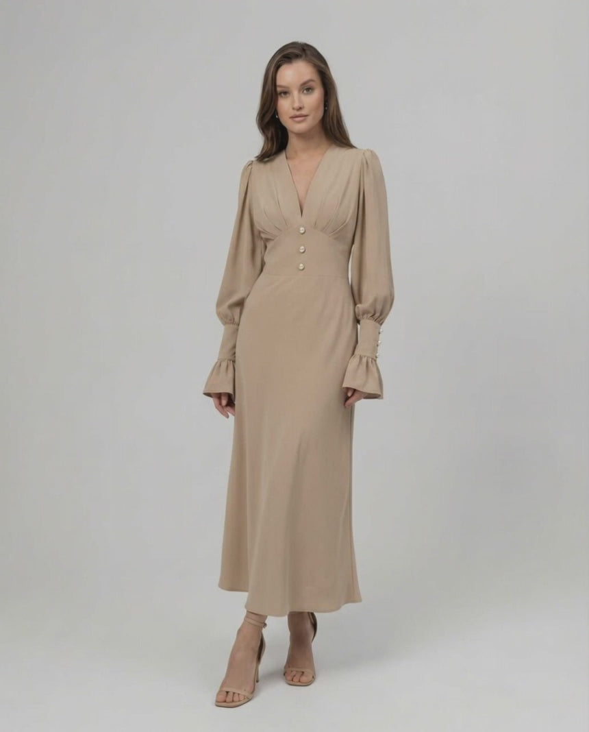 Sienna Midi Dress in beige, long sleeve A-line design by Lauven, featuring a V-neckline and sculpted high waist for elegance.