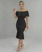 Solara Midi Dress by Lauven featuring off-the-shoulder lace design, form-fitting silhouette, and elegant appeal.