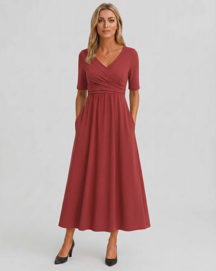 Velmira Midi Dress by Lauven — soft stretch short sleeve V-neck A-line midi dress