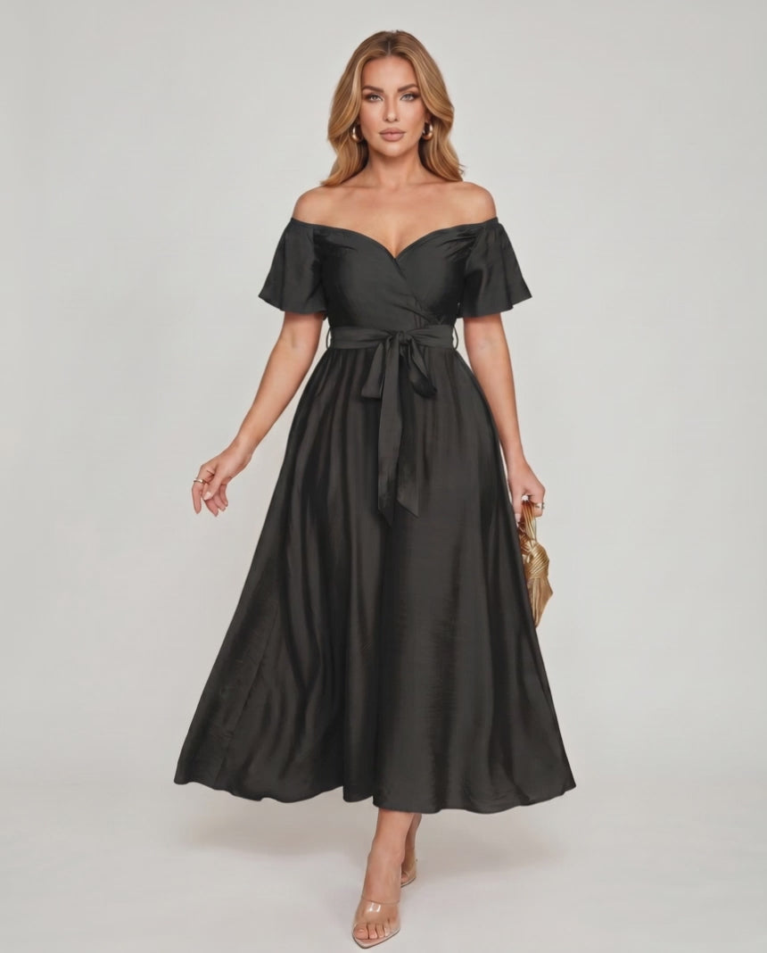 Seraph Midi Dress by Lauven — satin short sleeve off-shoulder sweetheart A-line midi dress