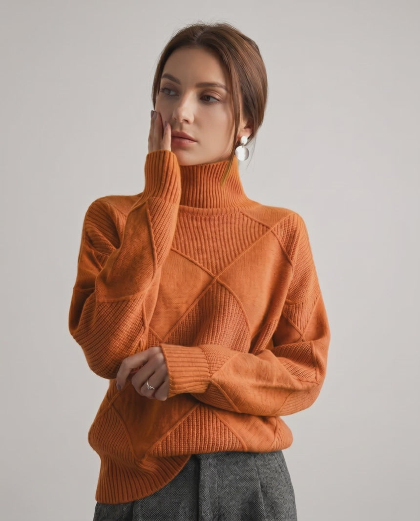 Aureline Sweater by Lauven — women’s oversized high-neck knit sweater with geometric texture and ribbed details