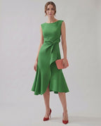 Serelune Midi Dress by Lauven — sleeveless satin midi dress with ruffle detail and fit flare silhouette