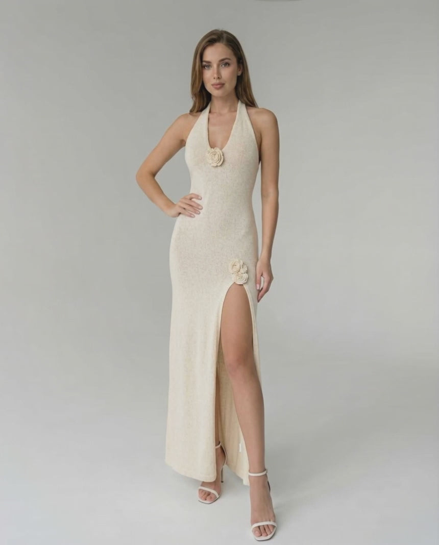 Sienna Maxi Dress - Cream halter dress with floral details and high slit by Lauven, perfect for modern occasions.