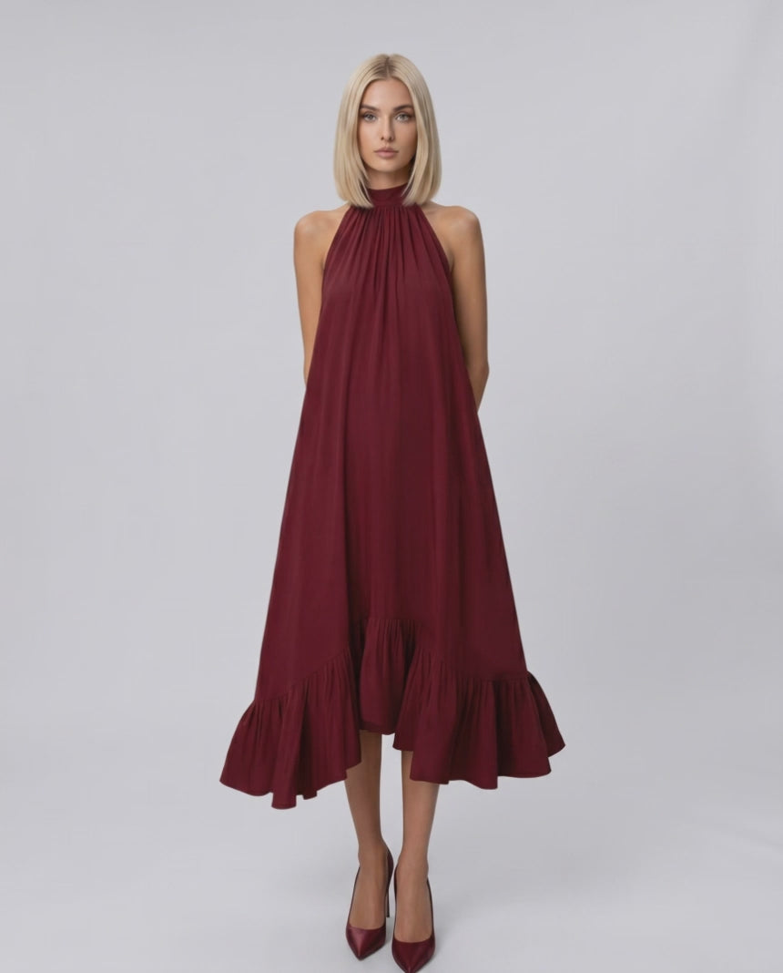 Veloura Midi Dress by Lauven — chiffon sleeveless high halter neck loose swing midi dress