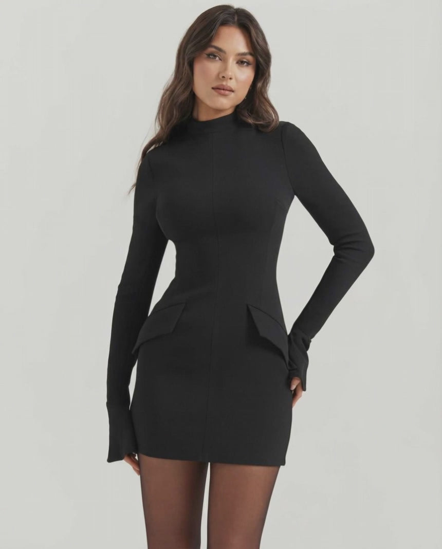 Noiré Mini Dress black bodycon fit with high mock neck and long sleeves by Lauven, designed for a sleek, modern look.