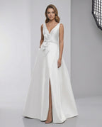Elara Maxi Dress - White Satin A-Line V-Neck Dress with Bow, showcasing modern elegance by Lauven.