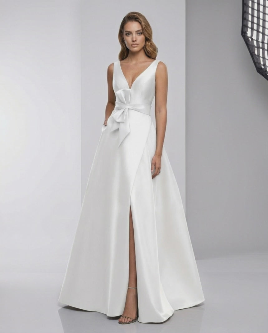 Elara Maxi Dress - White Satin A-Line V-Neck Dress with Bow, showcasing modern elegance by Lauven.
