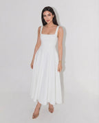 Elara Midi Dress by Lauven — structured sleeveless square neck fit and flare midi dress
