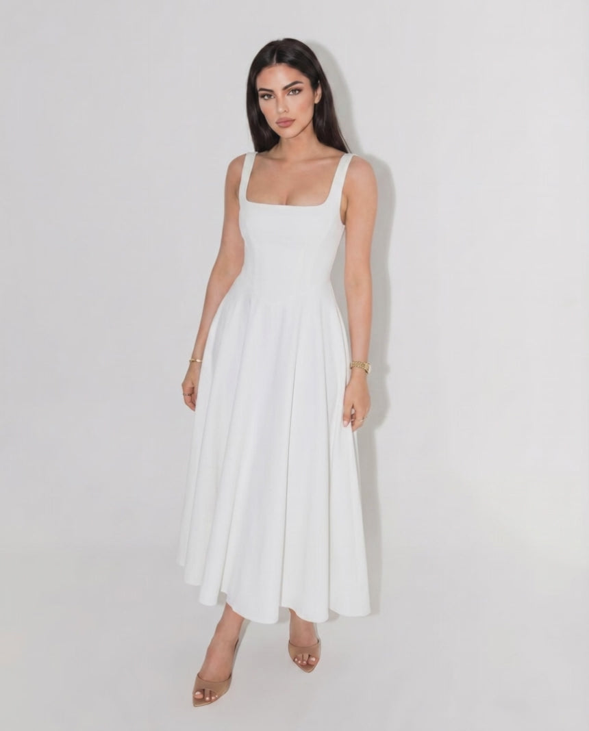 Elara Midi Dress by Lauven — structured sleeveless square neck fit and flare midi dress