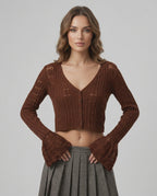 Sienna Cardigan featuring rich brown color, cropped silhouette, V-neckline, and openwork knit by Lauven.