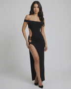 Celeste Maxi Dress by Lauven, elegant black dress with side cutout and thigh-high slit, perfect for formal occasions.