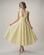 Elara Midi Dress - Elegant halter neck A-line silhouette, structured fit, perfect for special occasions by Lauven.