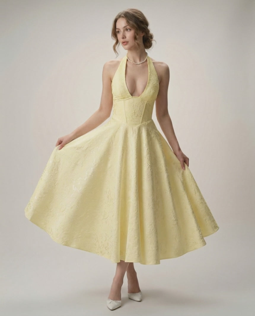 Elara Midi Dress - Elegant halter neck A-line silhouette, structured fit, perfect for special occasions by Lauven.