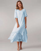 Aurelia Midi Dress by Lauven — lightweight short sleeve round neck layered midi dress