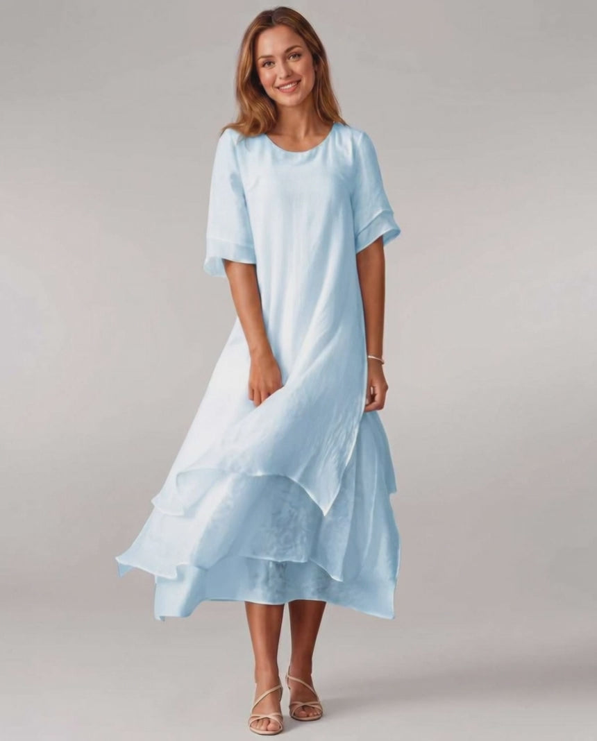Aurelia Midi Dress by Lauven — lightweight short sleeve round neck layered midi dress