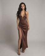 Sienna Maxi Dress by Lauven, sleek satin design, showcasing a radiant brown tone and elegant silhouette.