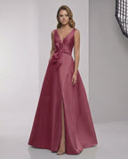 Virelle Maxi Dress - Satin A-Line Evening Maxi Dress with Wrap Slit by Lauven in deep red, elegant and modern design.