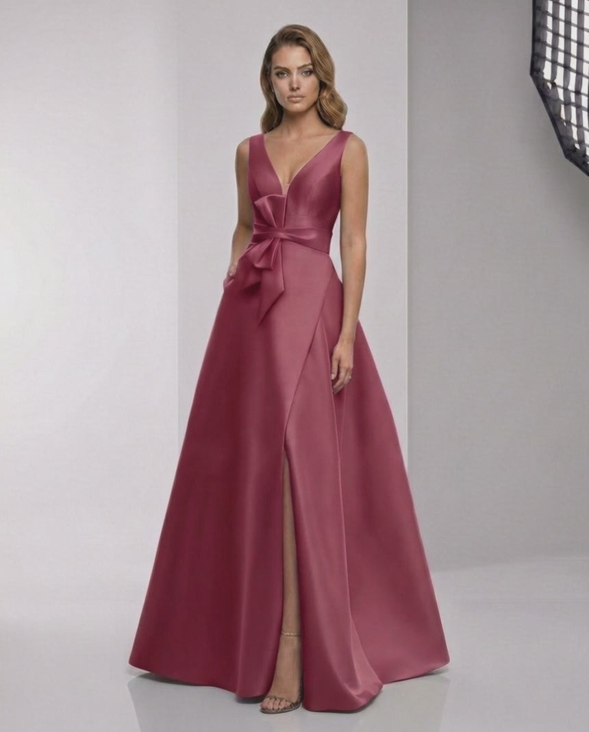 Virelle Maxi Dress - Satin A-Line Evening Maxi Dress with Wrap Slit by Lauven in deep red, elegant and modern design.