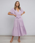 Solenne Midi Dress by Lauven — chiffon butterfly sleeve V-neck tiered midi dress