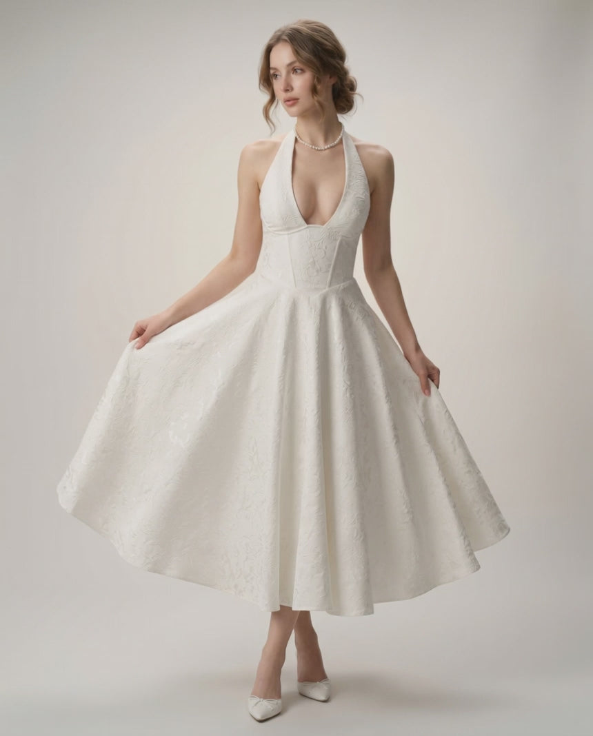 Elara Midi Dress - Elegant halter A-line silhouette with structured fit by Lauven, perfect for sophisticated occasions.