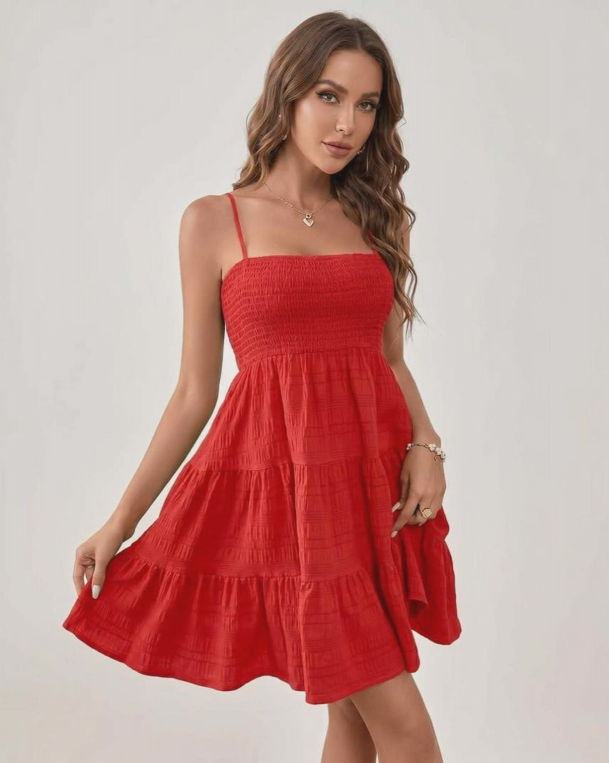 Solara Mini Dress by Lauven — textured sleeveless square neck tiered swing mini dress