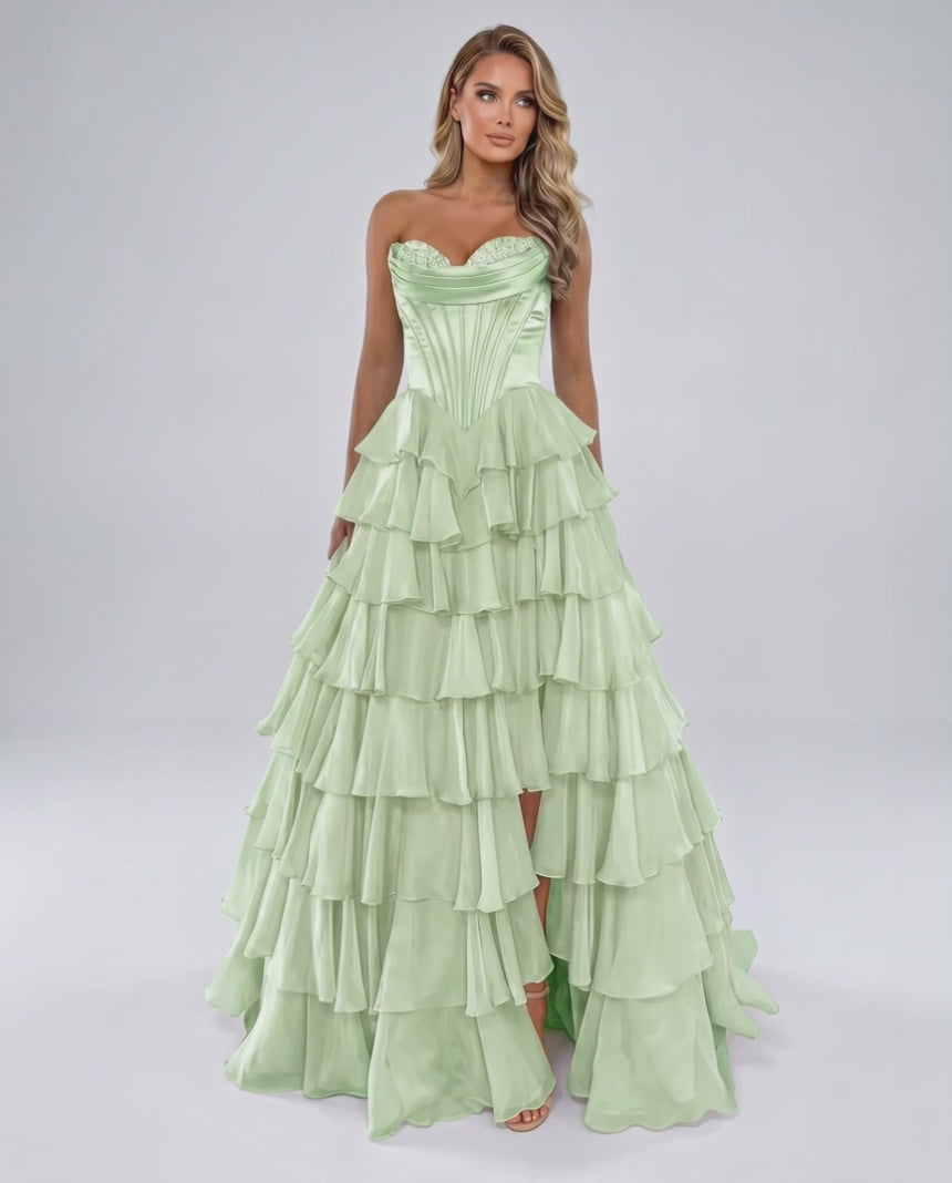 Seraphine Maxi Dress by Lauven — satin chiffon sleeveless sweetheart tiered A-line maxi dress