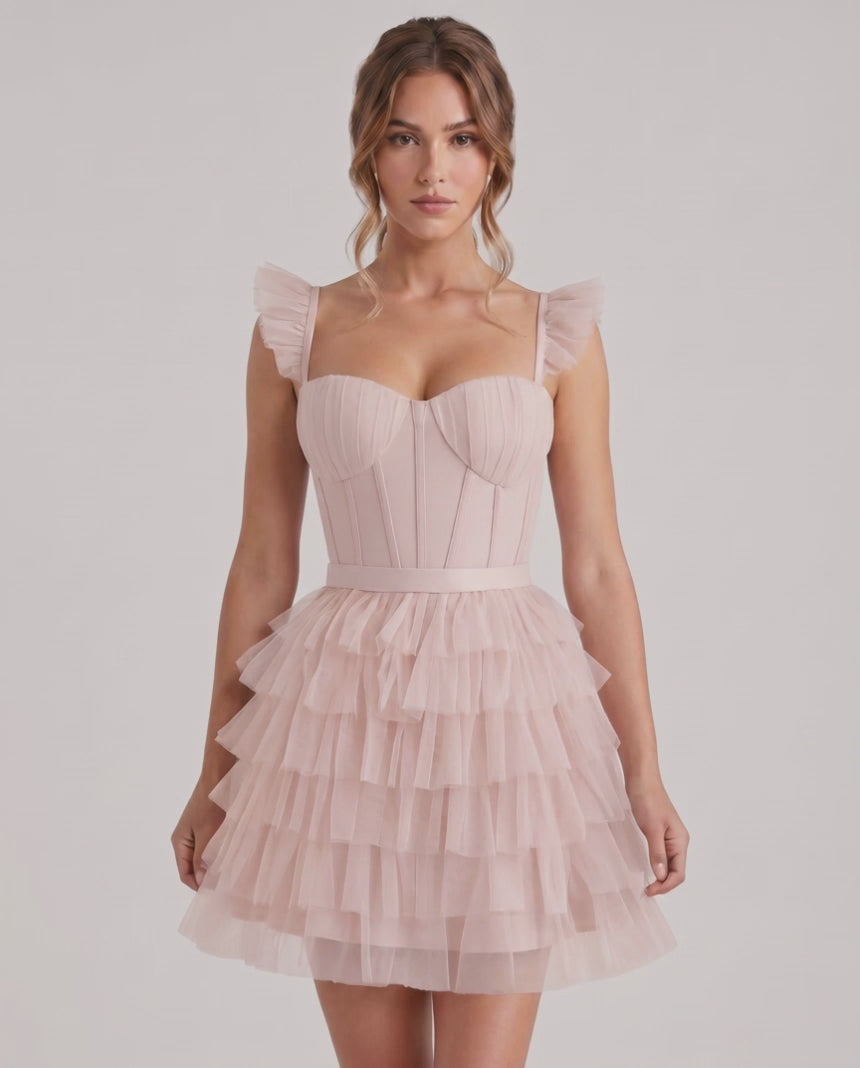 Celestia Mini Dress by Lauven — layered tulle sweetheart A-line mini dress with spaghetti straps