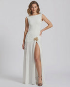 Lunessa Maxi Dress by Lauven — stretch jersey sleeveless boat neck draped maxi dress