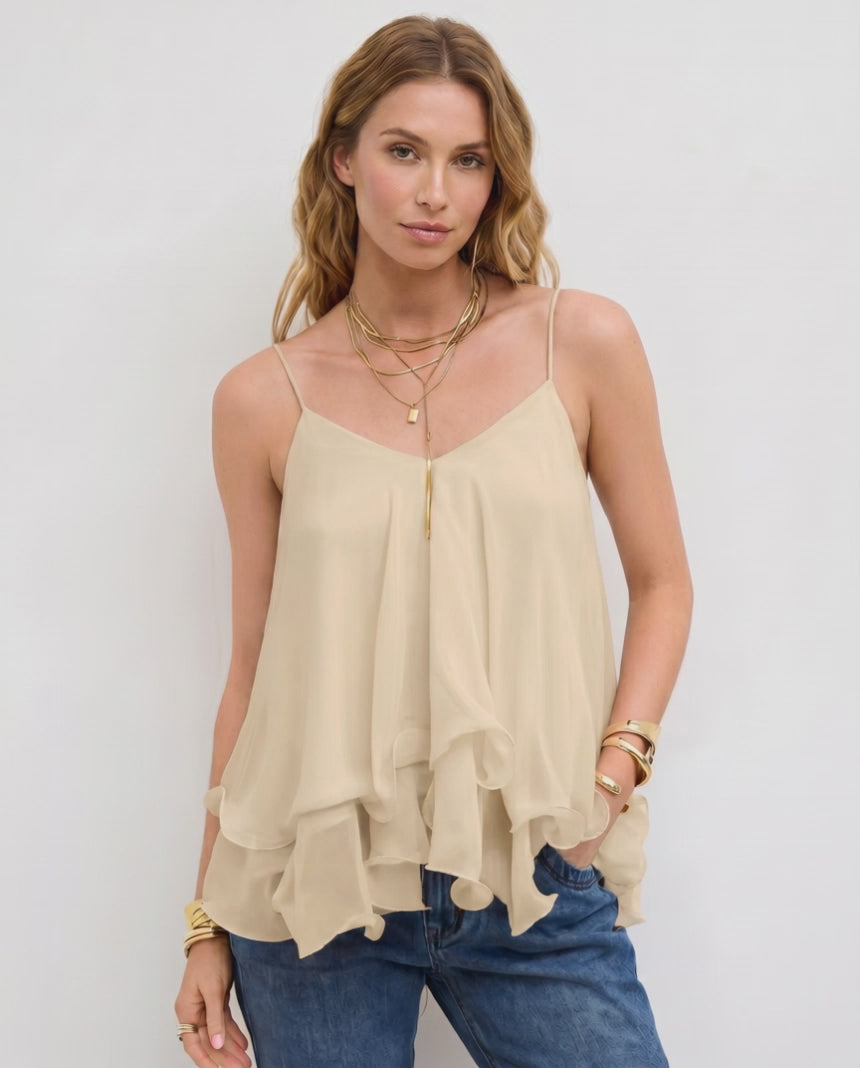 Aureline Top by Lauven — women’s layered chiffon top with V-neck spaghetti straps and flowy ruffle hem