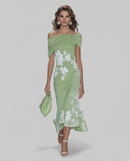 Veloura Midi Dress by Lauven — floral off shoulder satin midi dress with draped sleeves