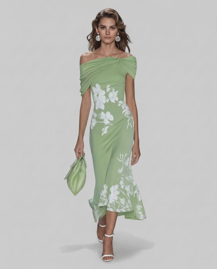 Veloura Midi Dress by Lauven — floral off shoulder satin midi dress with draped sleeves