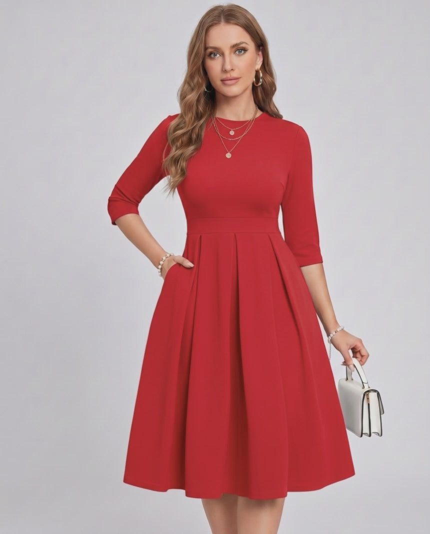 Aurielle Midi Dress by Lauven — polyester blend 3/4 sleeve crew neck A-line midi dress