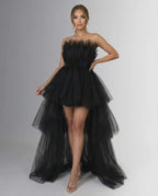 Celeste Maxi Dress by Lauven – Strapless sheath dress with flowing tulle overlay for an elegant evening look.