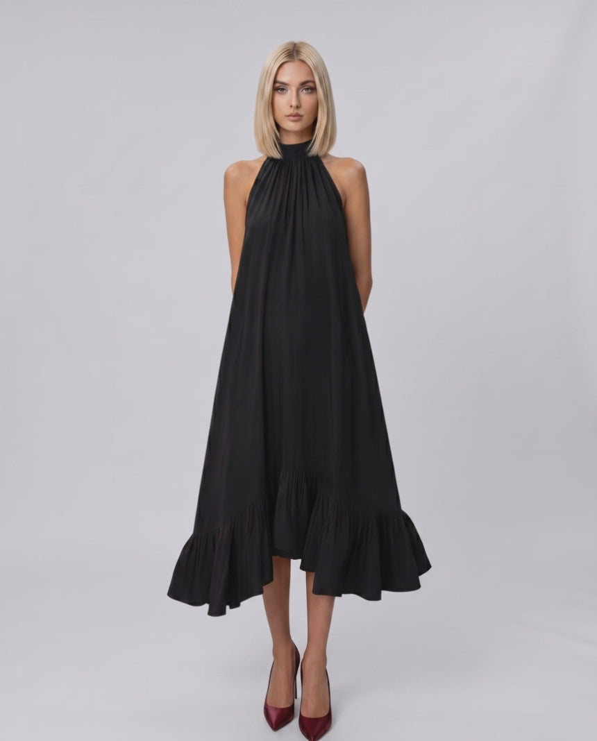 Veloura Midi Dress by Lauven — chiffon sleeveless high halter neck loose swing midi dress