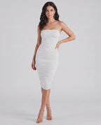 Velora Midi Dress by Lauven — smooth knit sleeveless square neck ruched slim midi dress