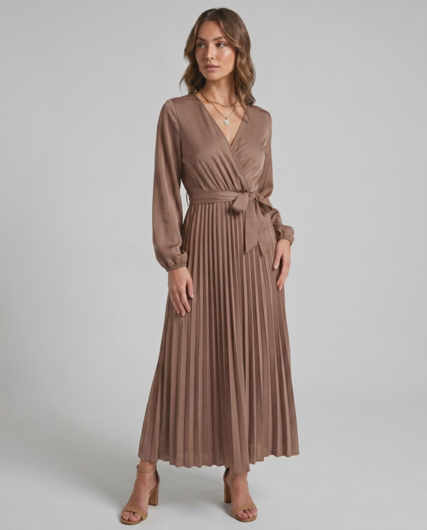 Elara Maxi Dress by Lauven — satin long sleeve V-neck A-line maxi dress with pleats and tie waist